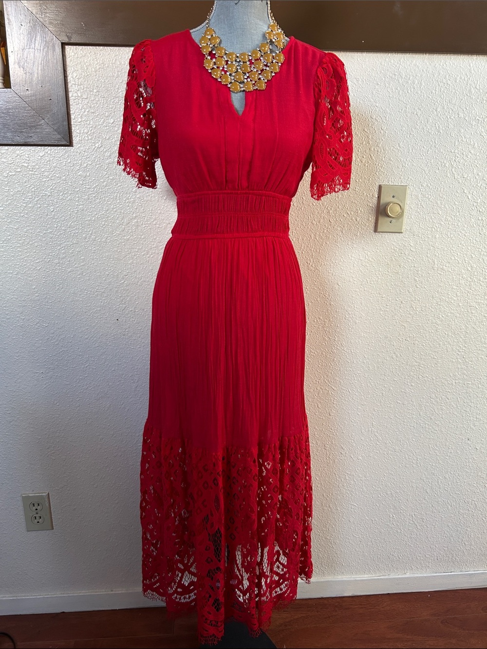 Red Lace Midi Dress with Smocked Waist
